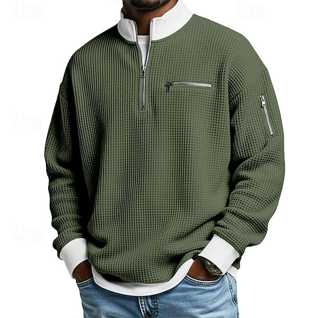 Men's Waffle T-shirt T Shirt Long Sleeve Traditional / Vintage Casual Color Block Zipper Pocket