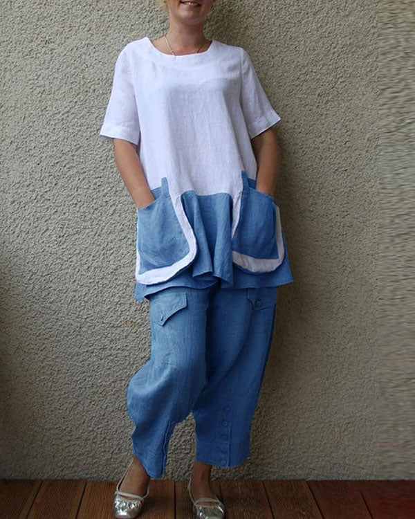 Cotton And Linen Short Sleeve Big Pocket Women's Suit
