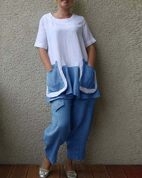 Cotton And Linen Short Sleeve Big Pocket Women's Suit