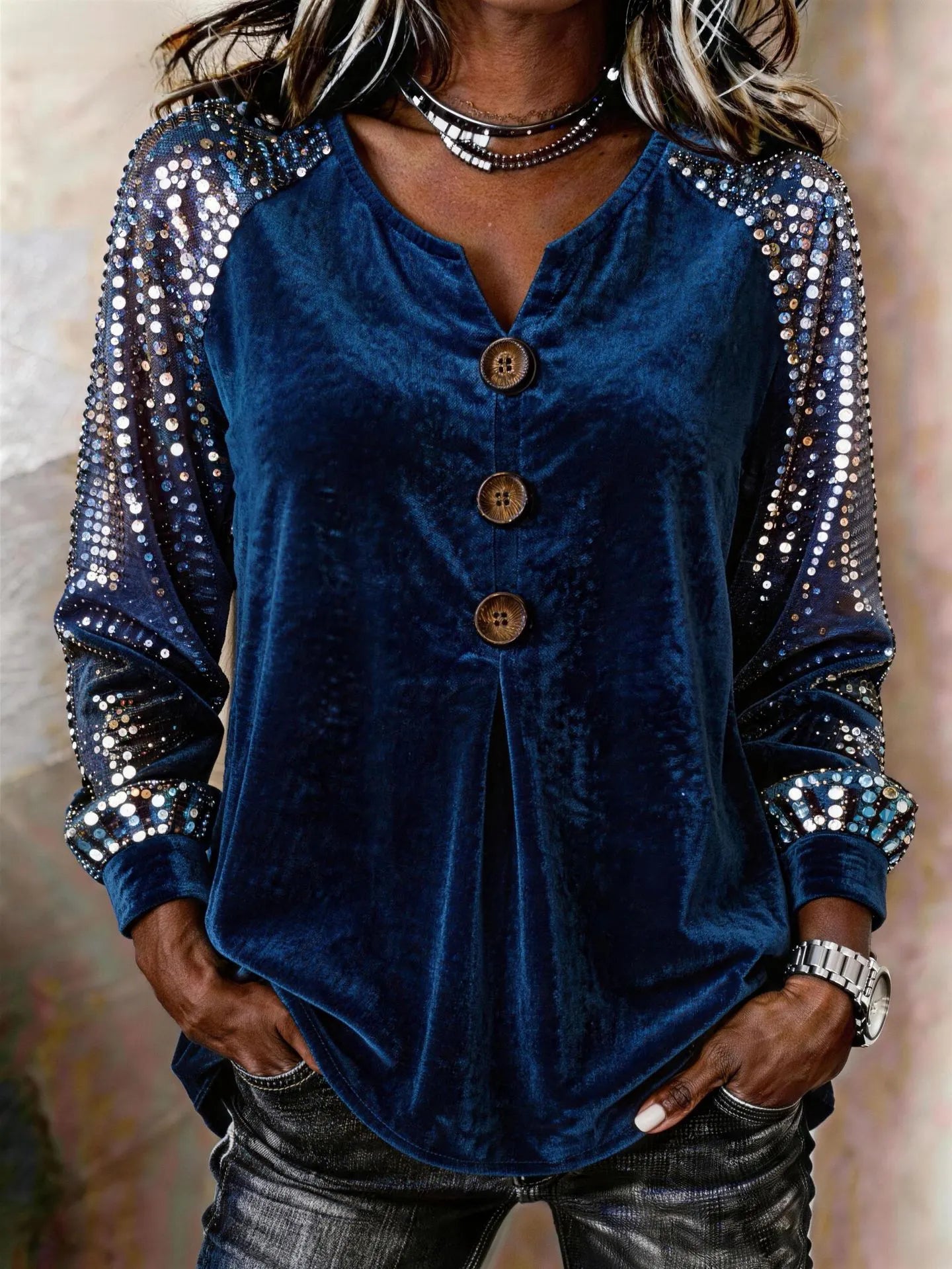 Women's Velvet Sequin Sleeve Button-Front Top – Sparkle Detail Blouse