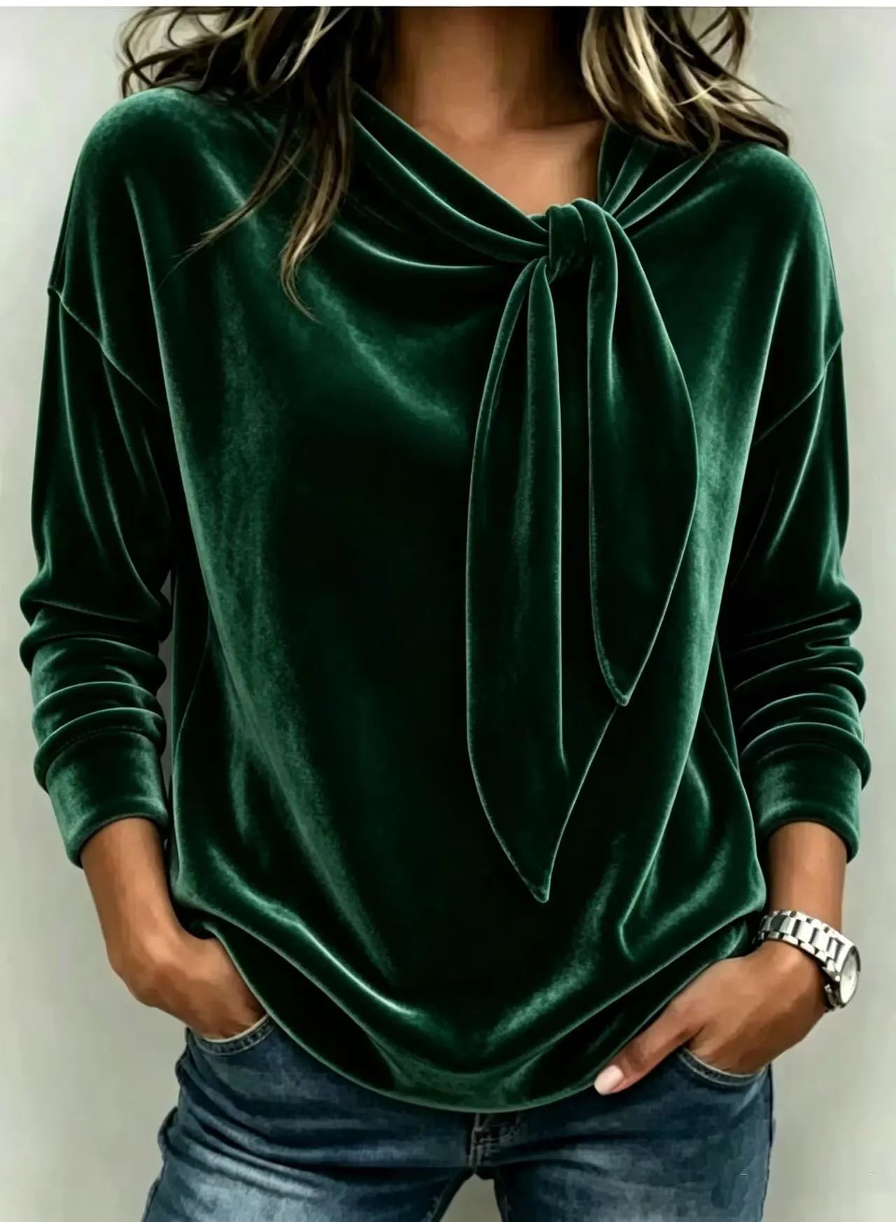Women's Velvet Bow Detail Long Sleeve Top – Soft Elegant Blouse