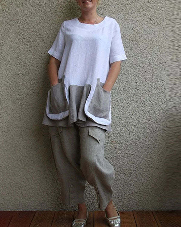 Cotton And Linen Short Sleeve Big Pocket Women's Suit