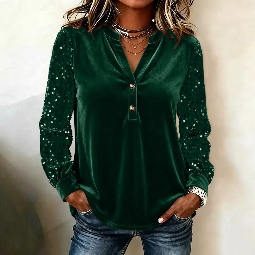 Women's Velvet V-Neck Sequin Sleeve Top - Two-Button Party Blouse