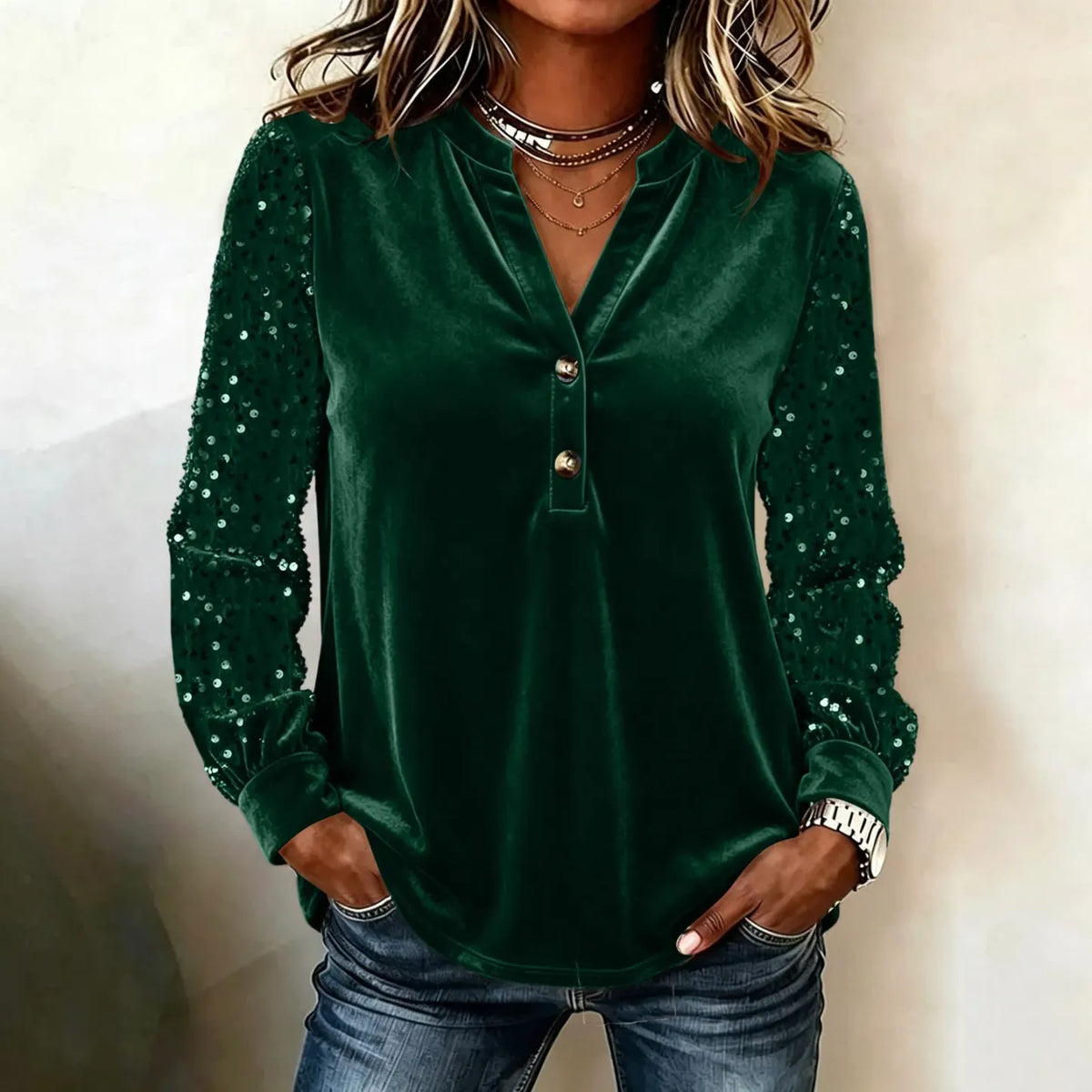 Women's Velvet V-Neck Sequin Sleeve Top - Two-Button Party Blouse