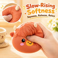 A hand squeezing the Highland cow dumpling squishy, showing the soft slow-rising dough texture, titled Slow-Rising Softness