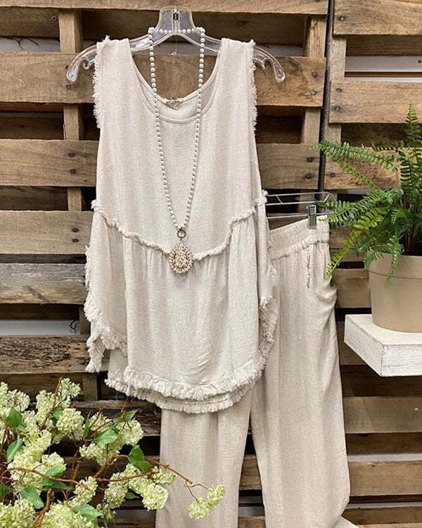 Sleeveless Casual Linen Vest+Pants