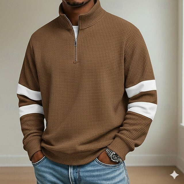 Men's Waffle Polo Shirts School Athleisure Standing Collar Long Sleeve Leisure Tops