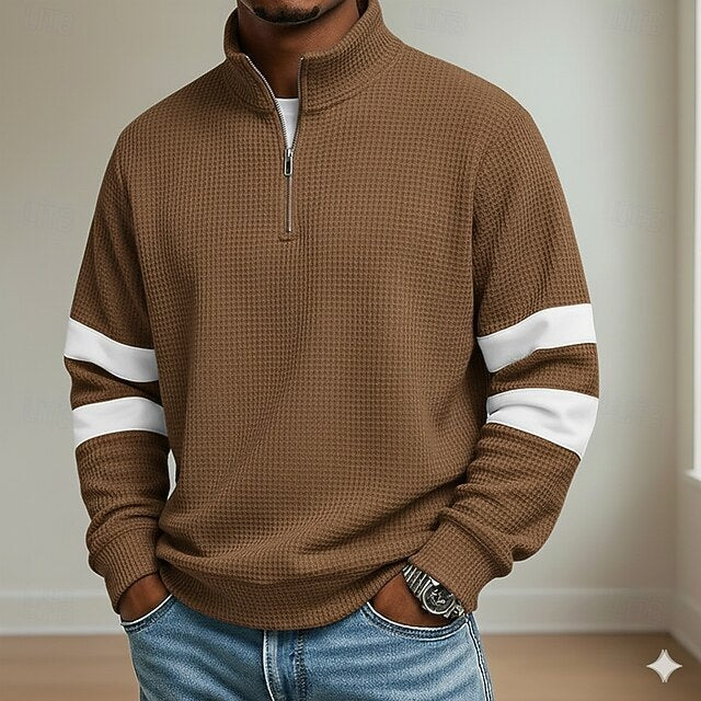 Men's Waffle Polo Shirts School Athleisure Standing Collar Long Sleeve Leisure Tops