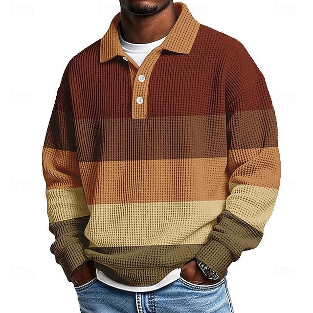 Men's Horizontal Stripes Waffle Polo Shirts Textured Long Sleeve Polo Shirts