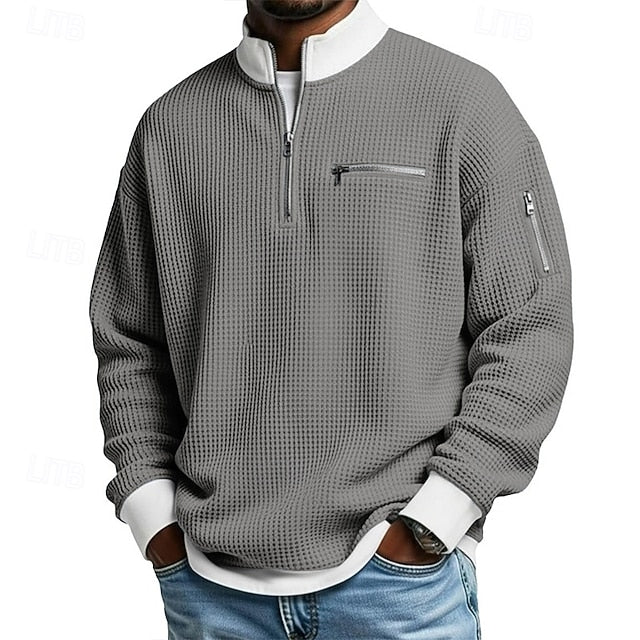 Men's Waffle T-shirt T Shirt Long Sleeve Traditional / Vintage Casual Color Block Zipper Pocket