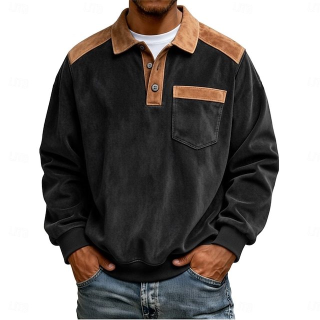 Men's Faux Suede Zip Polo Pullover Sweatshirt Vacation Street Long Sleeve Fashion Block Patchwork