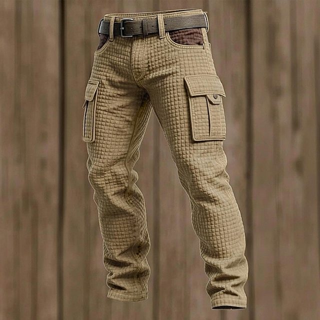 Men's Waffle Cargo Pants Trousers Casual Pants Patchwork Pocket Elastic Waist