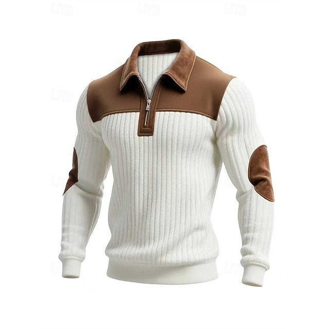 Men's Polo Polo Shirts Vacation Street Quarter Zip Long Sleeve Fashion Basic Color Block Jacquard Patchwork Fall & Winter Regular Fit Black White Army Green Apricot Polo