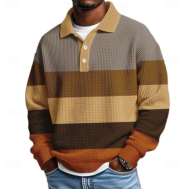 Men's Horizontal Stripes Waffle Polo Shirts Textured Long Sleeve Polo Shirts