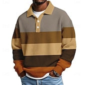 Men's Horizontal Stripes Waffle Polo Shirts Textured Long Sleeve Polo Shirts