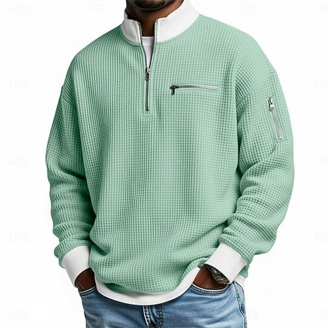 Men's Waffle T-shirt T Shirt Long Sleeve Traditional / Vintage Casual Color Block Zipper Pocket