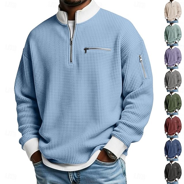 Men's Waffle T-shirt T Shirt Long Sleeve Traditional / Vintage Casual Color Block Zipper Pocket