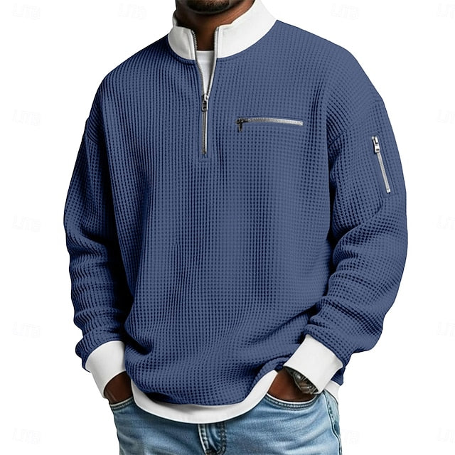 Men's Waffle T-shirt T Shirt Long Sleeve Traditional / Vintage Casual Color Block Zipper Pocket
