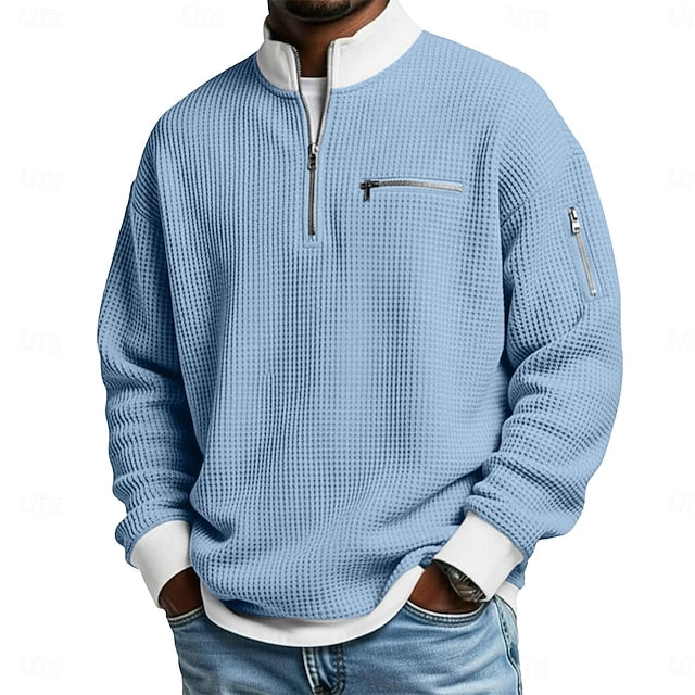 Men's Waffle T-shirt T Shirt Long Sleeve Traditional / Vintage Casual Color Block Zipper Pocket
