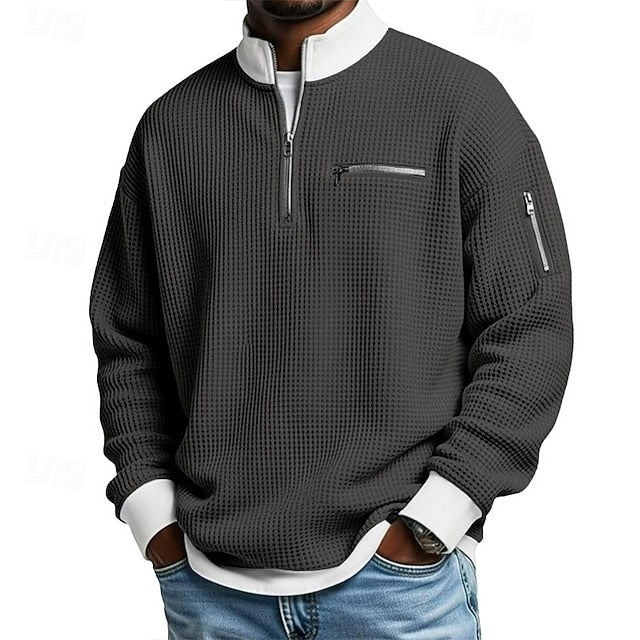 Men's Waffle T-shirt T Shirt Long Sleeve Traditional / Vintage Casual Color Block Zipper Pocket