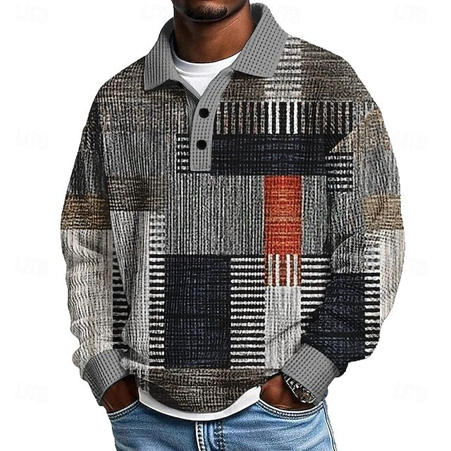 Men's Geometric Color Block Waffle Polo ShirtsCasual Athleisure Daily Wear Fall Winter