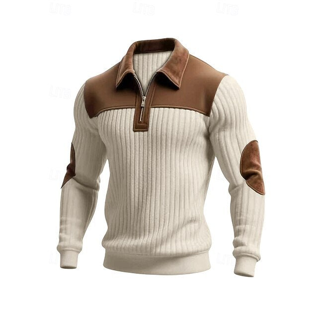 Men's Polo Polo Shirts Vacation Street Quarter Zip Long Sleeve Fashion Basic Color Block Jacquard Patchwork Fall & Winter Regular Fit Black White Army Green Apricot Polo