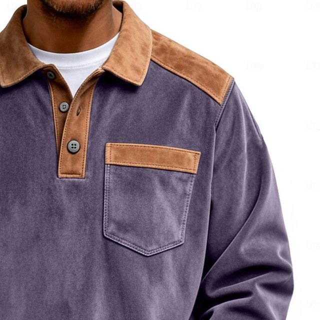 Men's Faux Suede Zip Polo Pullover Sweatshirt Vacation Street Long Sleeve Fashion Block Patchwork