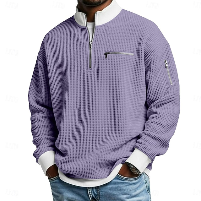 Men's Waffle T-shirt T Shirt Long Sleeve Traditional / Vintage Casual Color Block Zipper Pocket