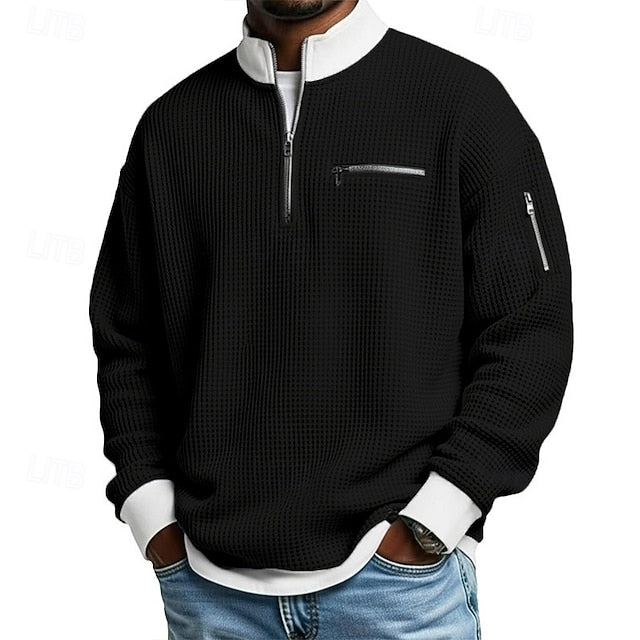 Men's Waffle T-shirt T Shirt Long Sleeve Traditional / Vintage Casual Color Block Zipper Pocket