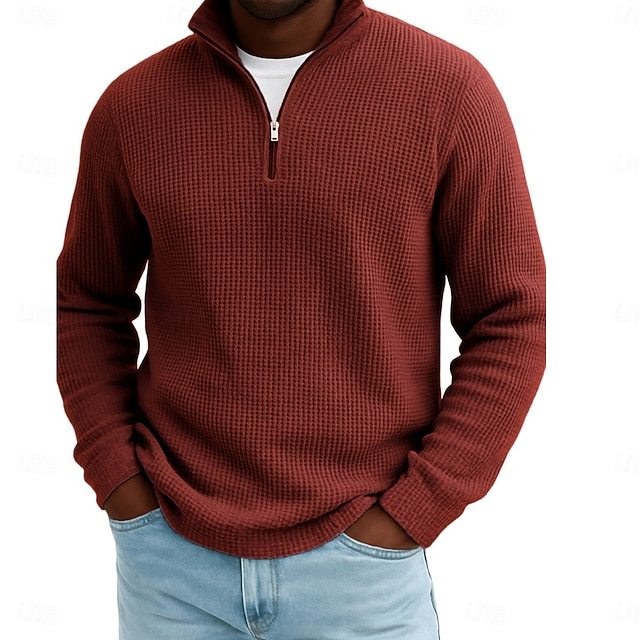 Men's Waffle Polo Shirts Outdoor Causal Fashion Modern Solid Color Textured Knitted Fall & Winter