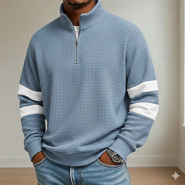 Men's Waffle Polo Shirts School Athleisure Standing Collar Long Sleeve Leisure Tops